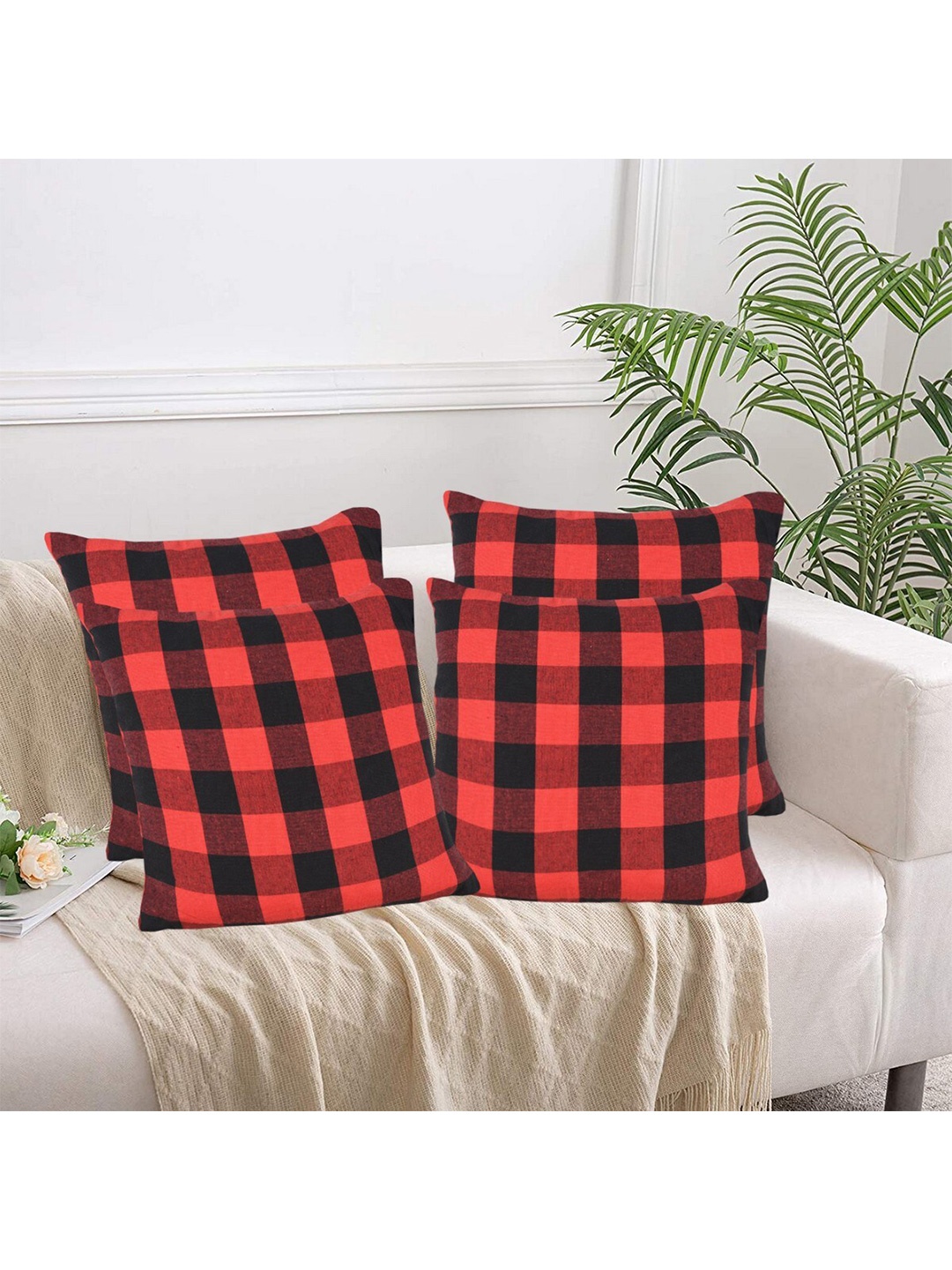 

Lushomes Red & Black 4 Pieces Checked Cotton Square Cushion Covers