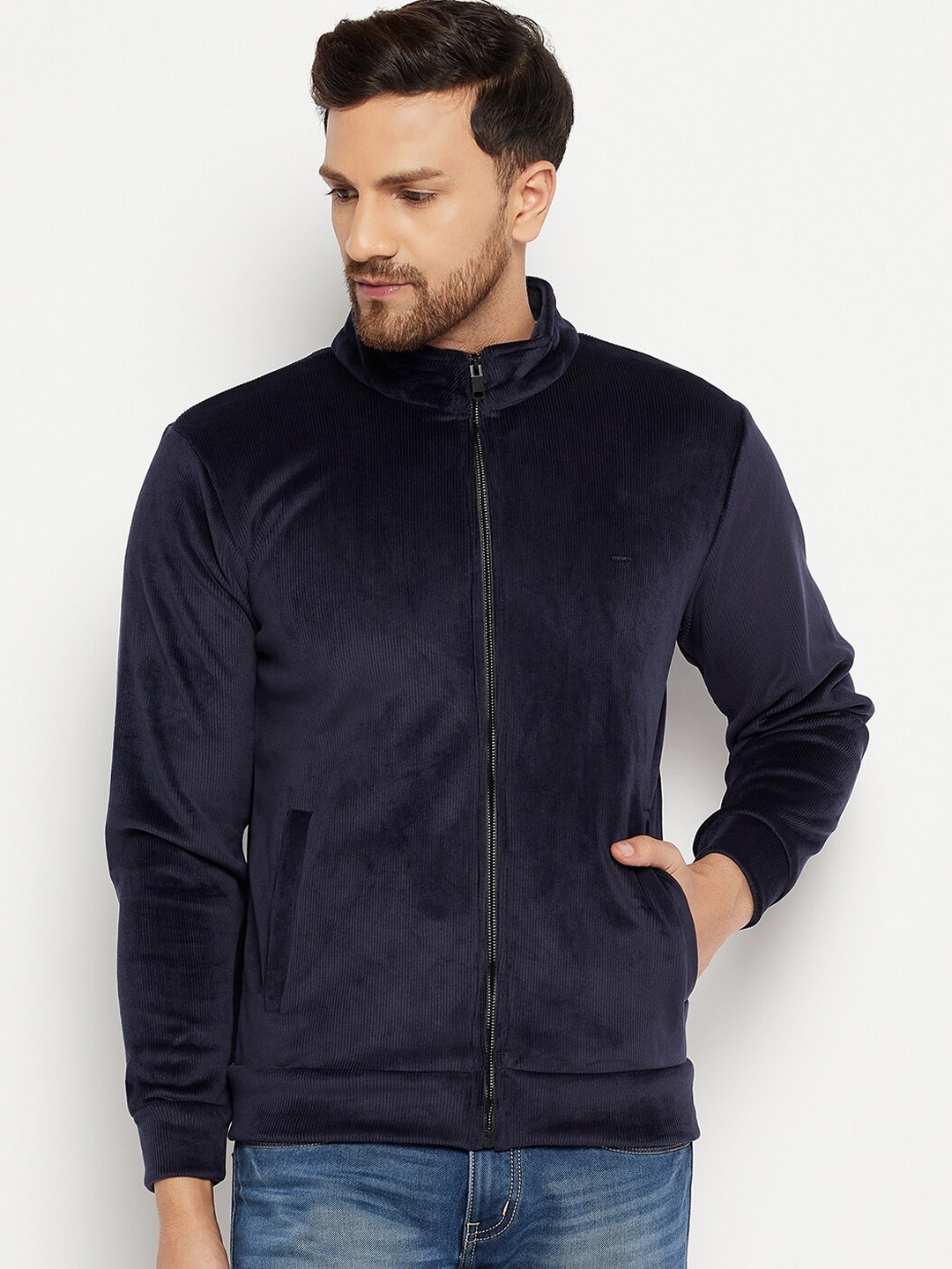 

Okane Men Navy Blue Mock Collar Bomber Jacket