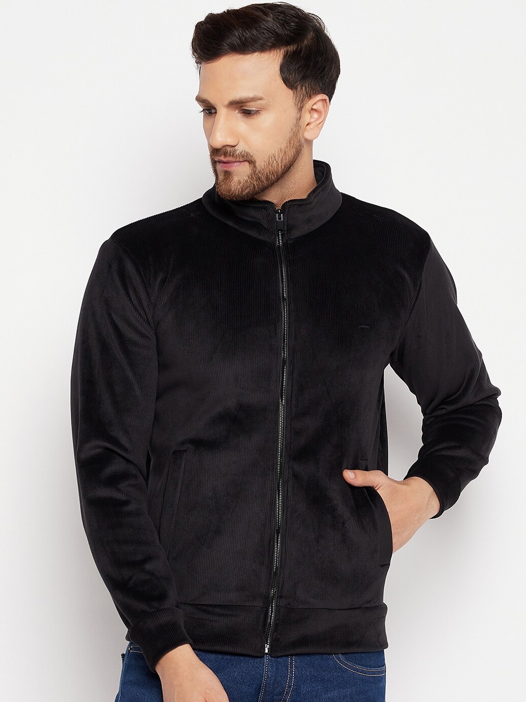 

Okane Men Black Solid Mock Collar Bomber Jacket