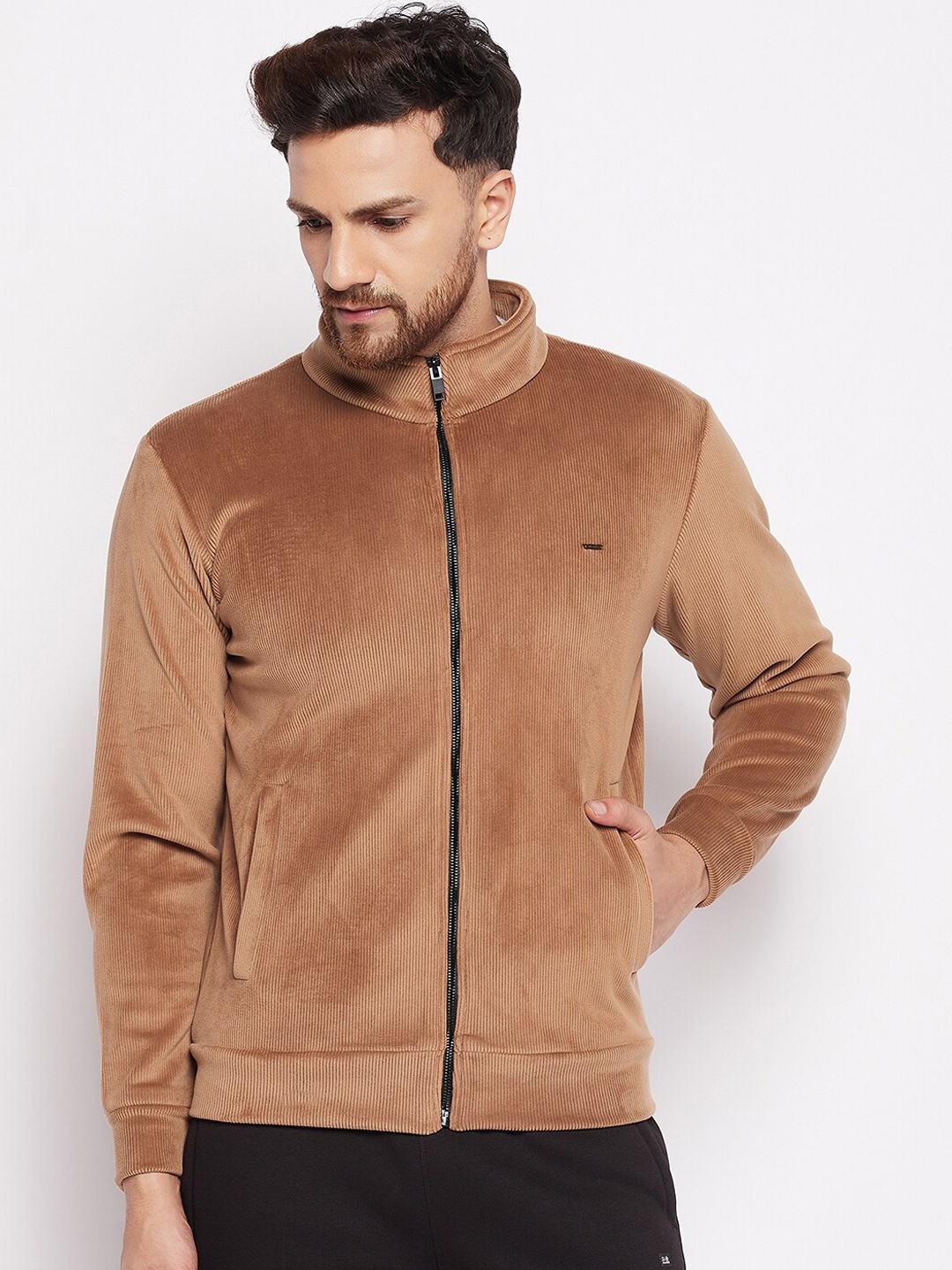 

Okane Men Tan Solid Mock Collar Bomber Jacket