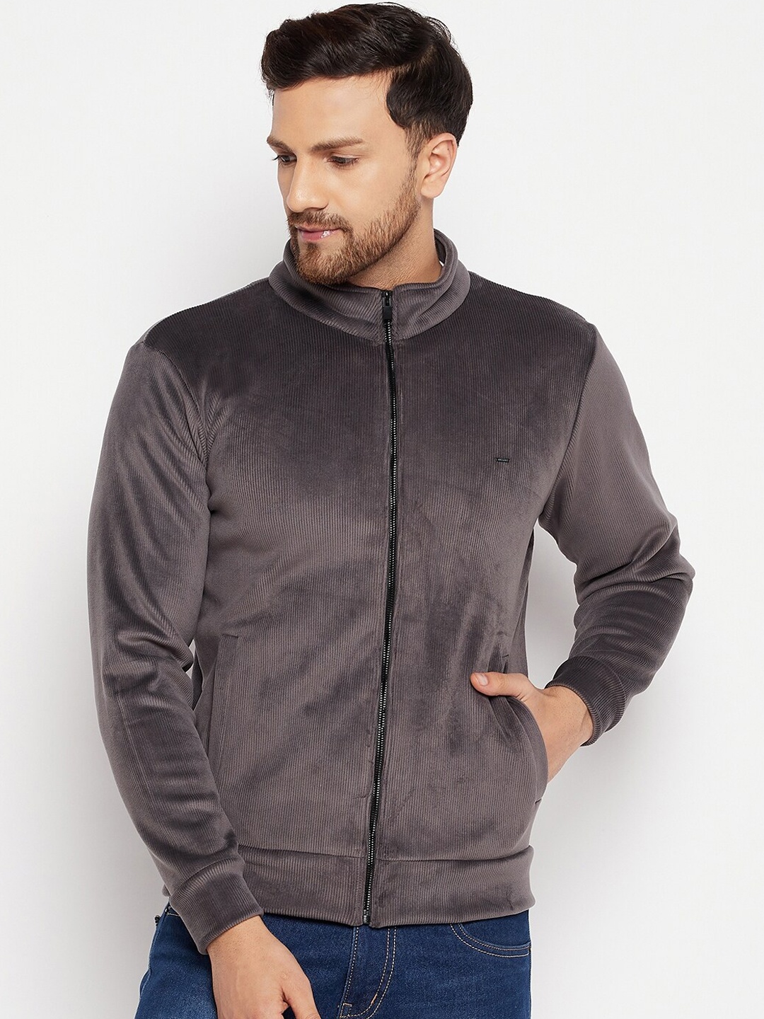 

Okane Men Grey Solid Mock Collar Bomber Jacket