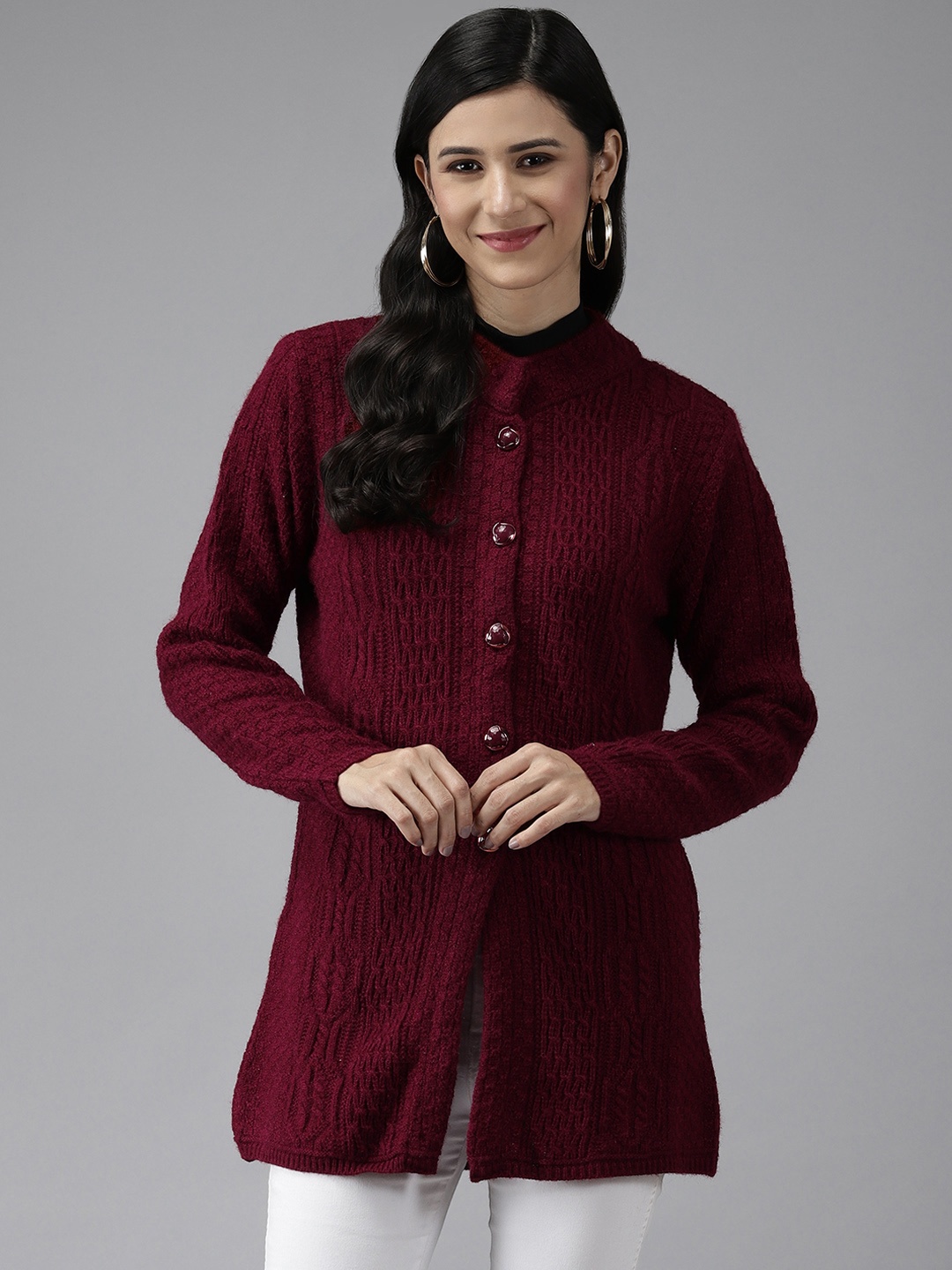 

Cayman Women Maroon Solid Woolen Longline Cardigan