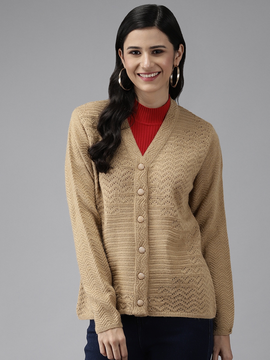 

Cayman Women Beige Solid Woolen Cardigan
