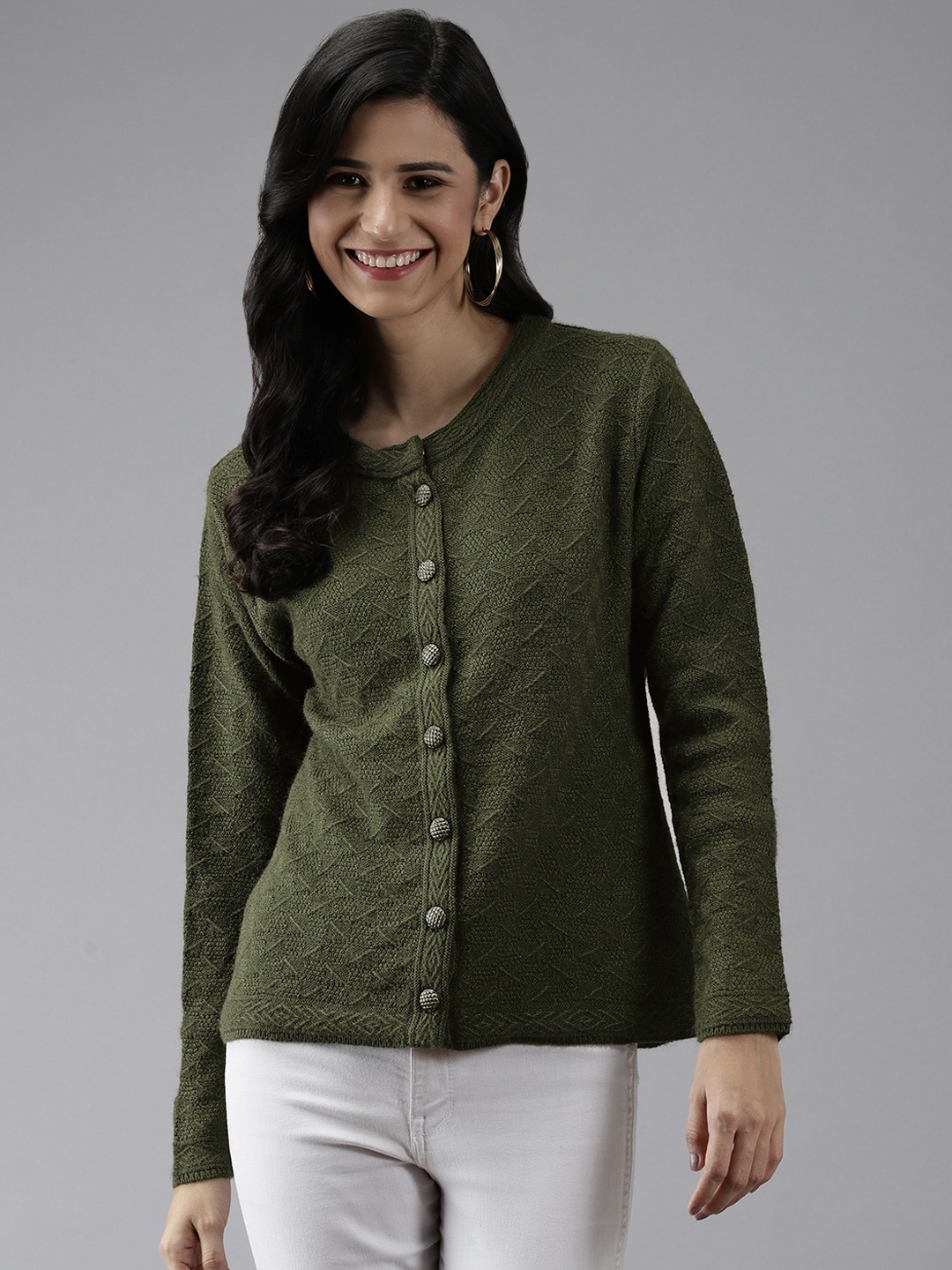 

Cayman Women Olive Green Solid Woolen Cardigan