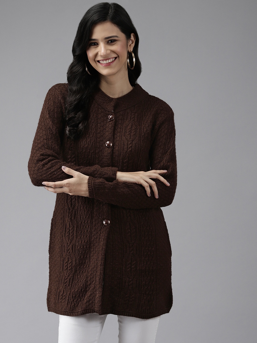 

Cayman Women Coffee Brown Solid Woolen Longline Cardigan