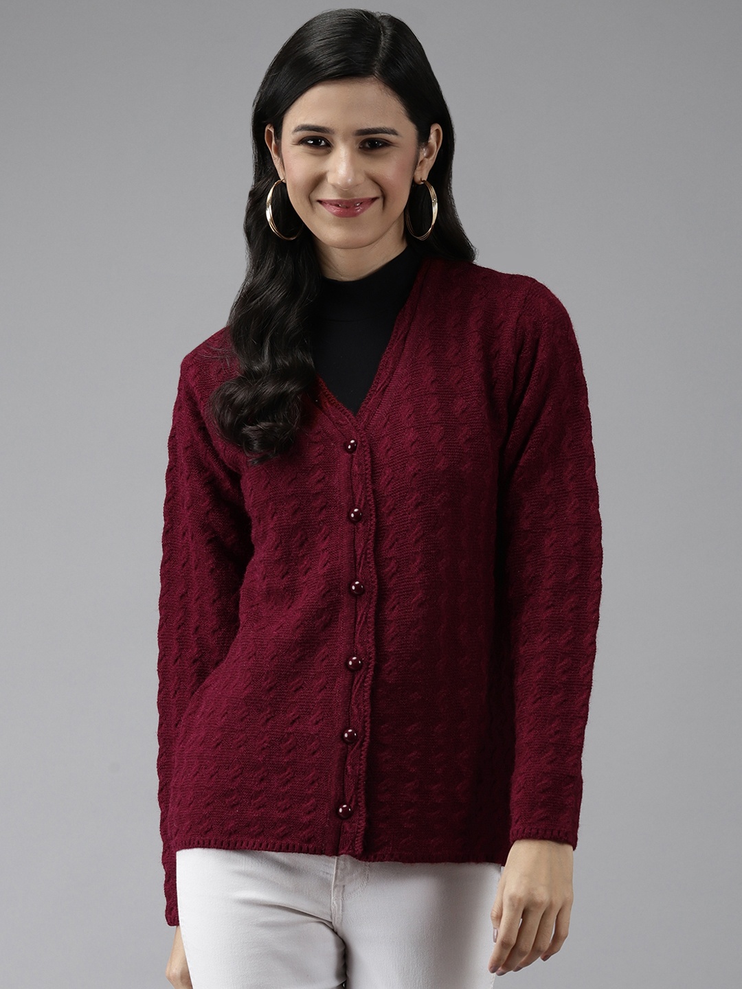 

Cayman Women Maroon Solid Woolen Cardigan