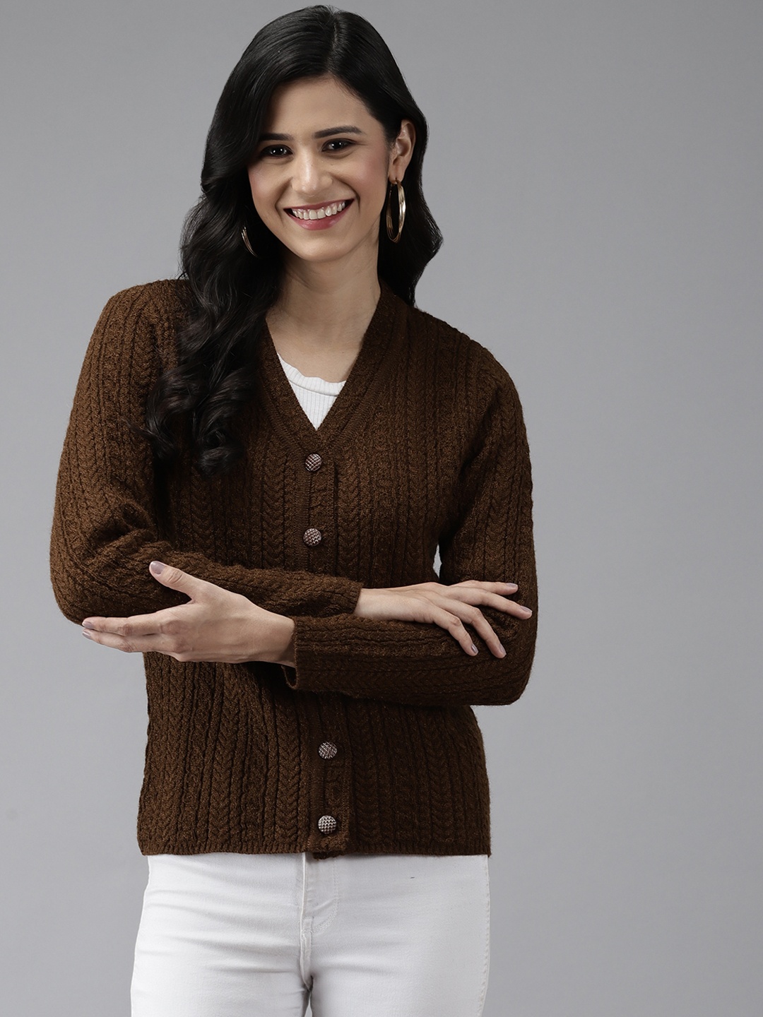 

Cayman Women Coffee Brown Solid Woolen Cardigan