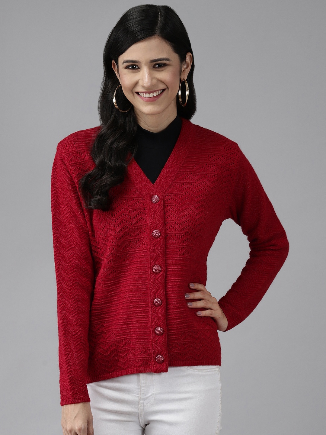 

Cayman Women Red Solid Woolen Cardigan