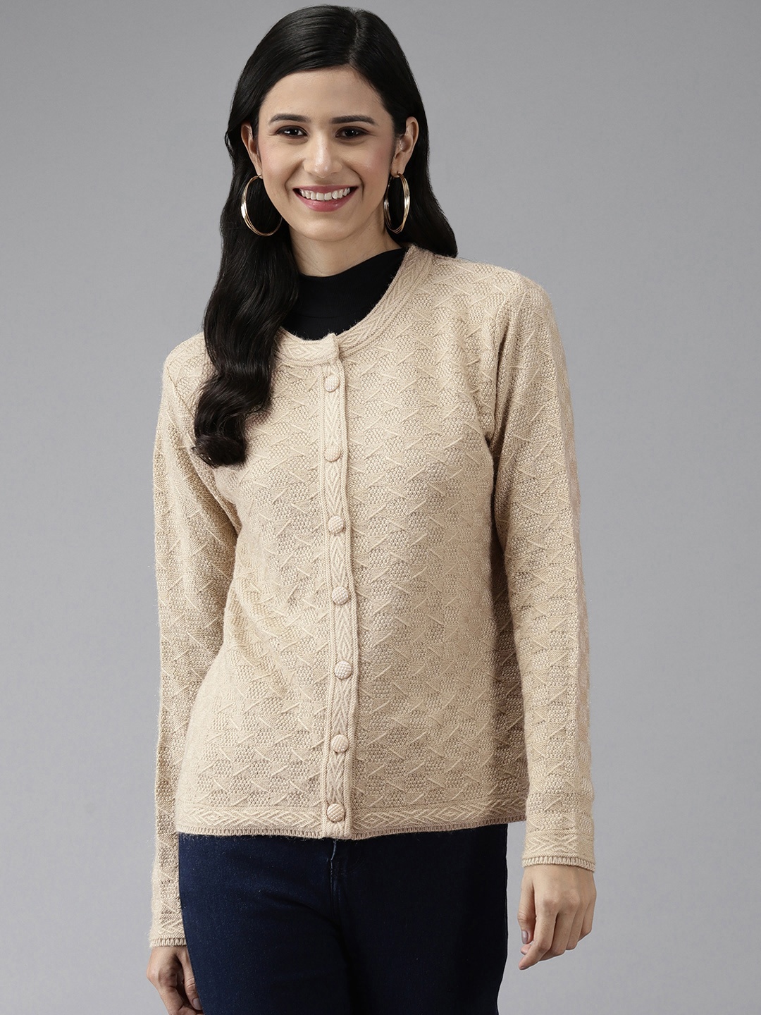 

Cayman Women Beige Solid Woolen Cardigan