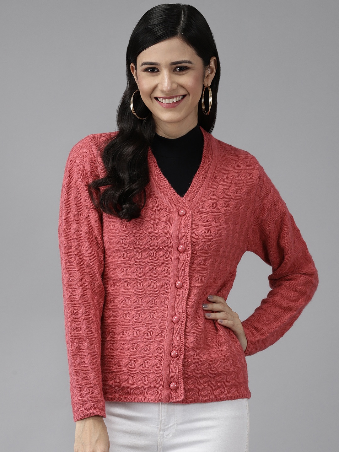 

Cayman Women Pink Solid Woolen Cardigan