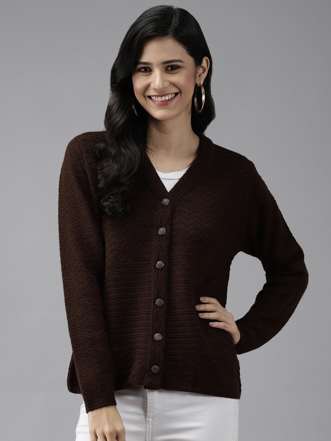 

Cayman Women Coffee Brown Solid Woolen Cardigan