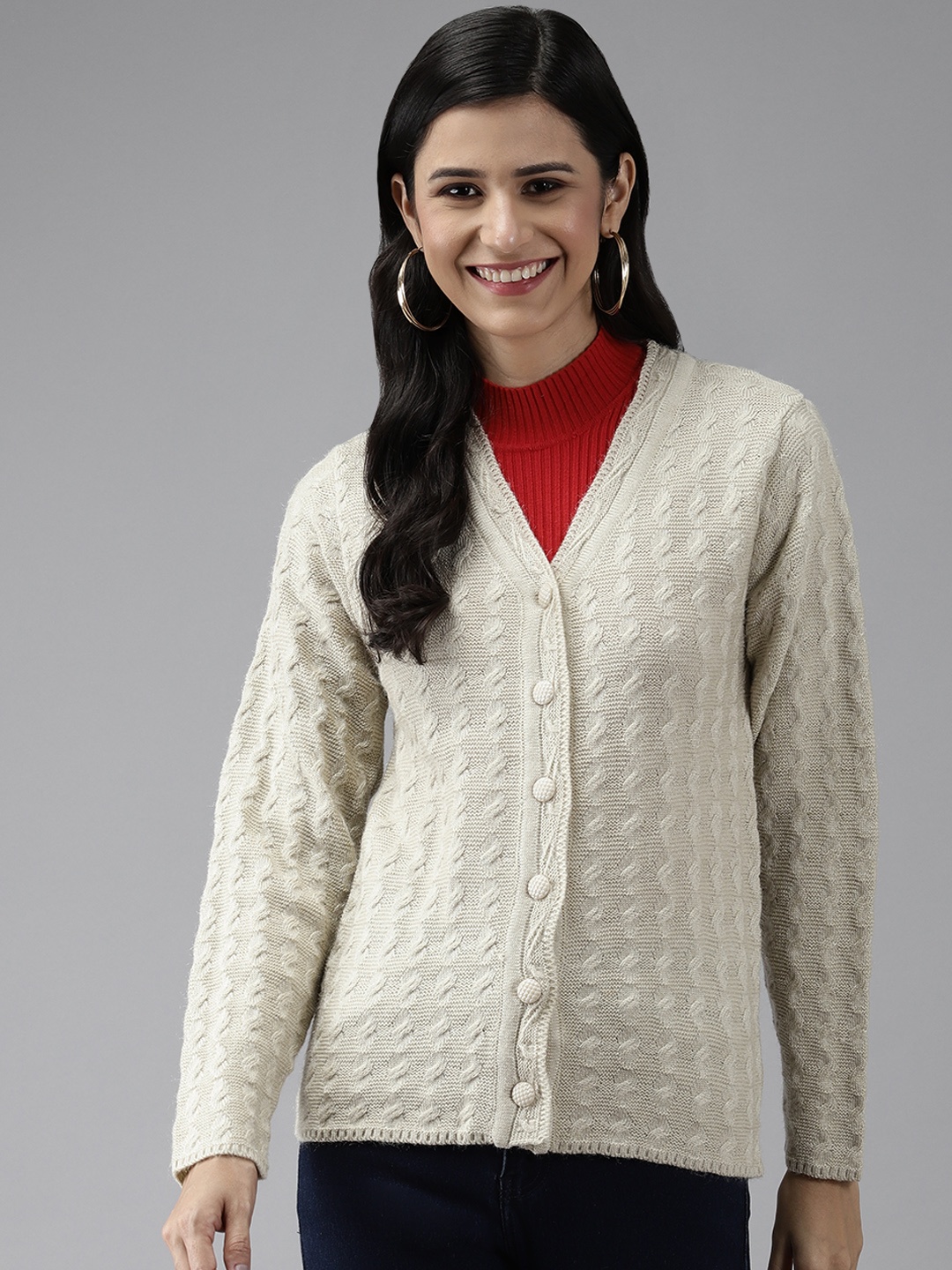 

Cayman Women Beige Solid Woolen Cardigan