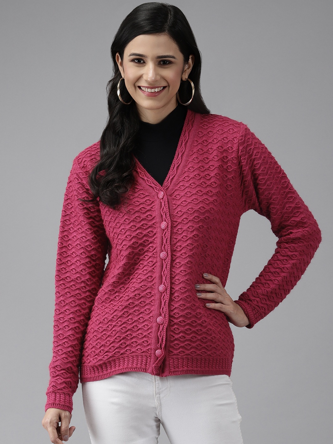 

Cayman Women Pink Solid Woolen Cardigan