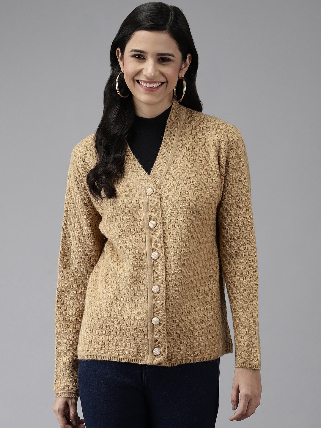 

Cayman Women Beige Solid Woolen Cardigan