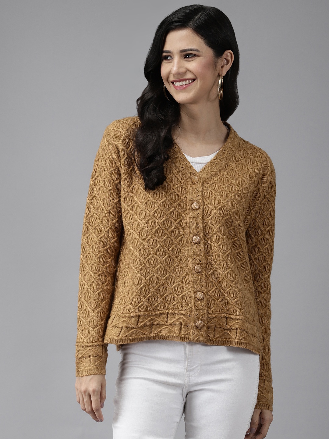 

Cayman Women Camel Brown Solid Woolen Cardigan