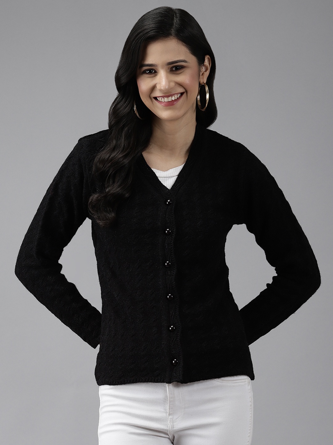 

Cayman Women Black Solid Woolen Cardigan