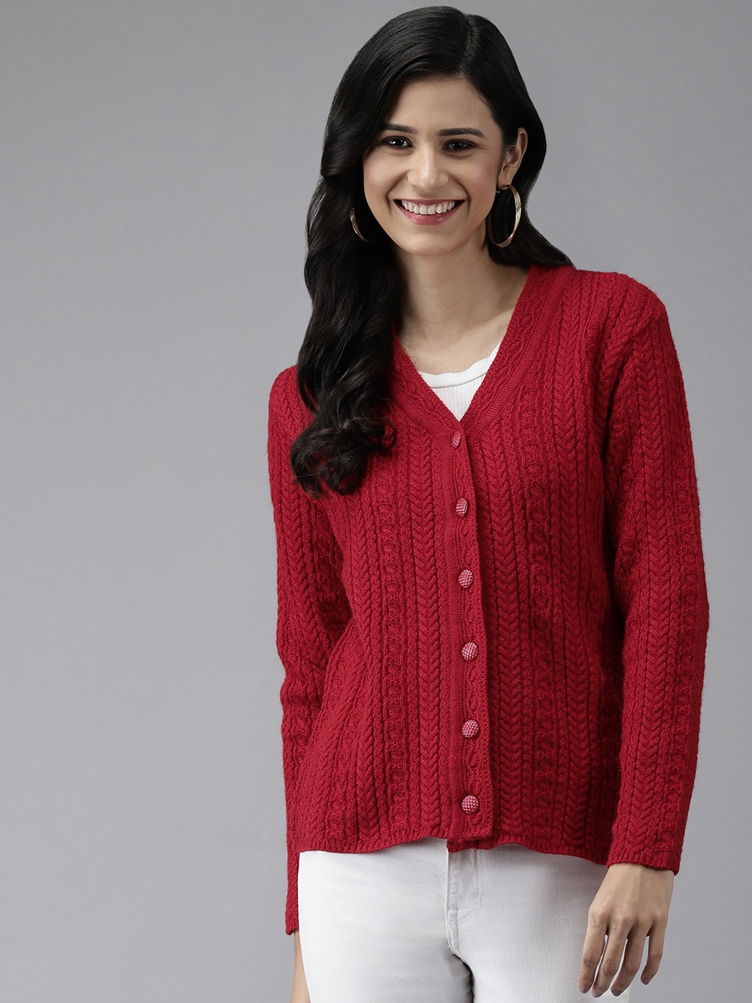 

Cayman Women Red Solid Woolen Cardigan