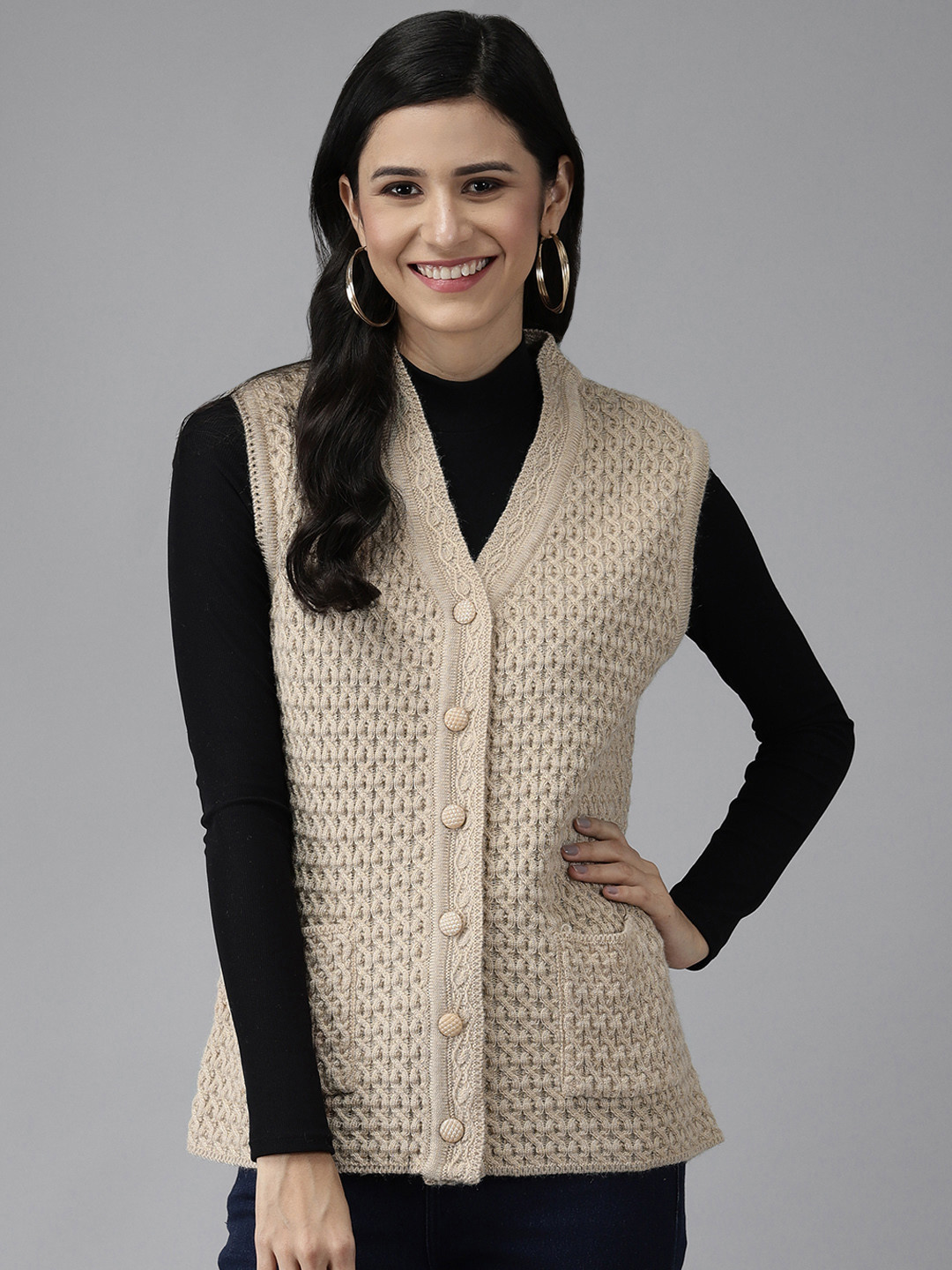 

Cayman Women Beige Solid Woolen Cardigan