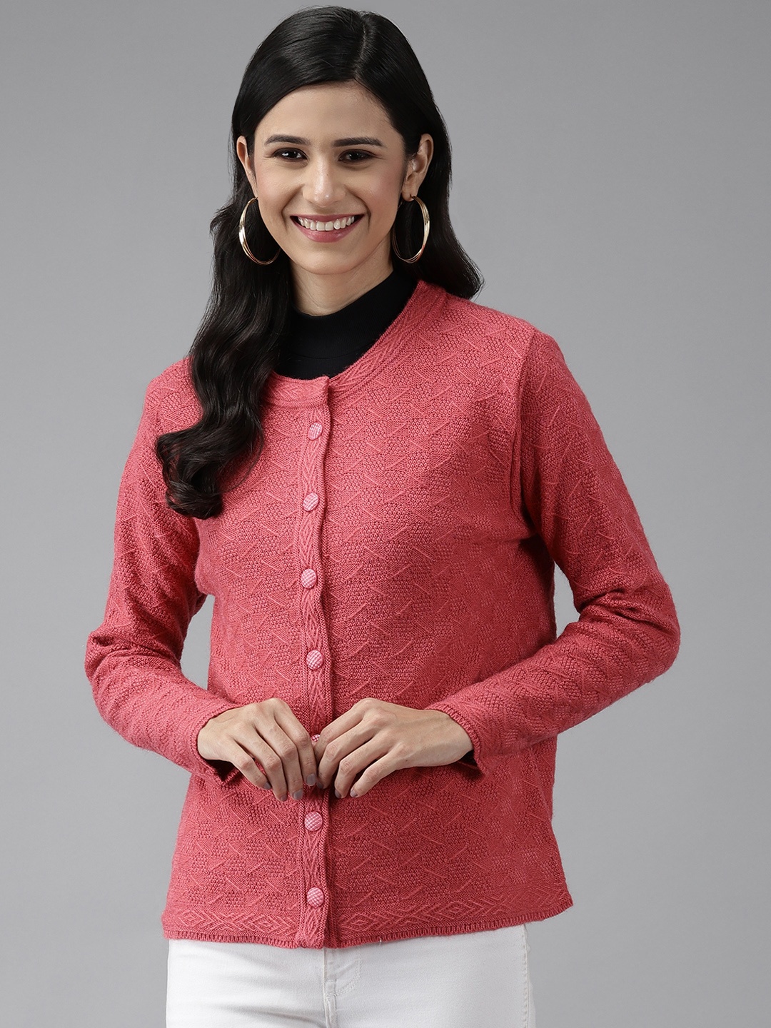 

Cayman Women Pink Solid Woolen Cardigan