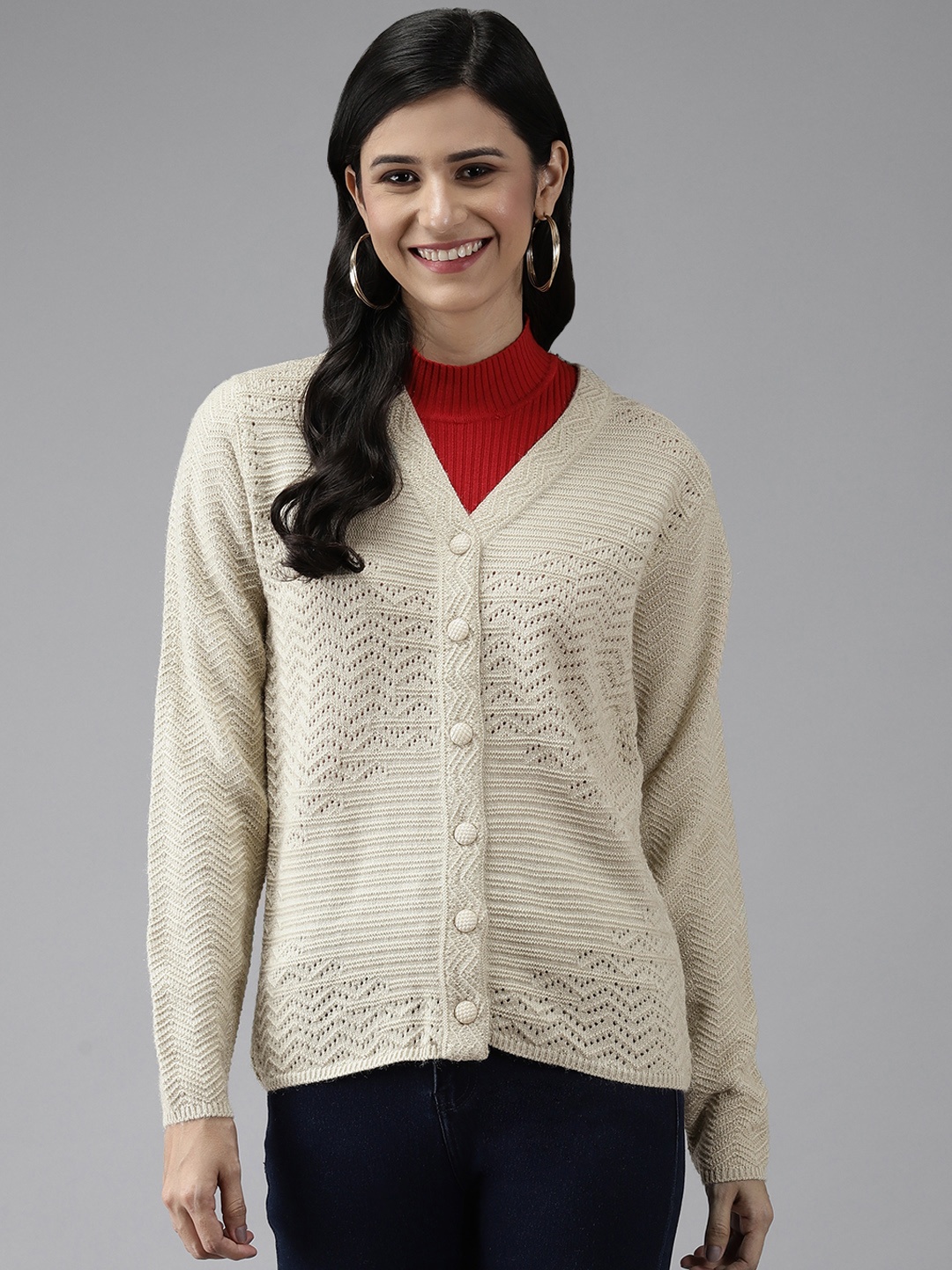 

Cayman Women Beige Solid Woolen Cardigan