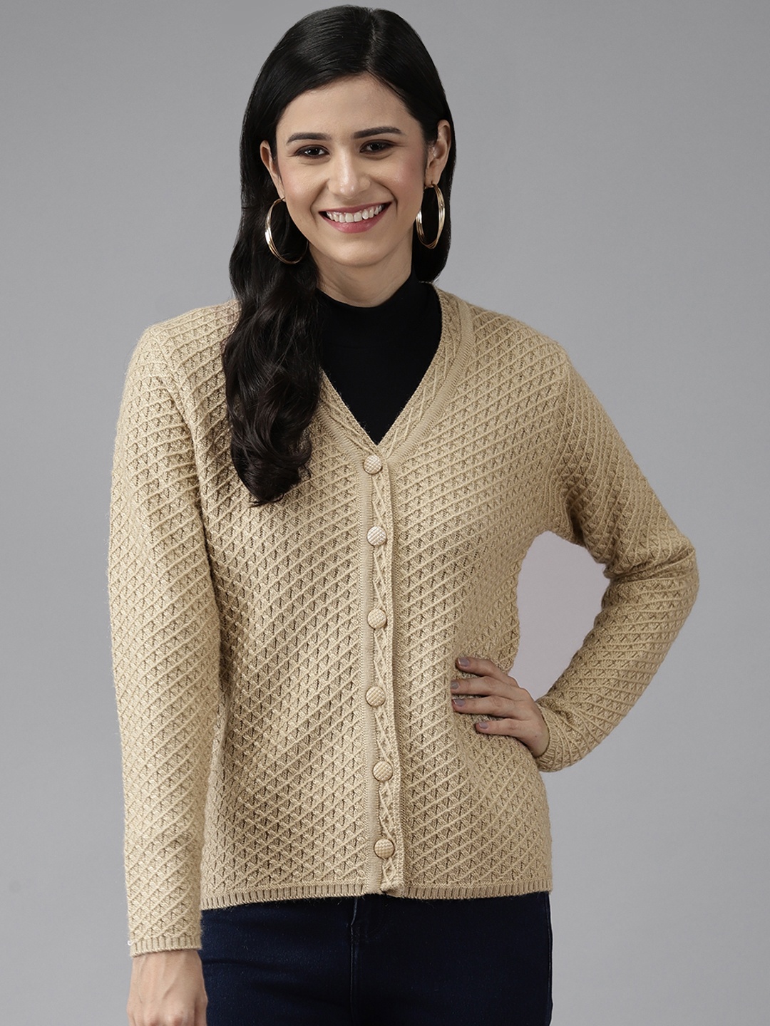 

Cayman Women Beige Solid Woolen Cardigan