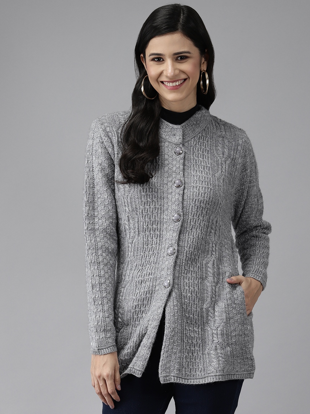 

Cayman Women Grey Solid Woolen Longline Cardigan