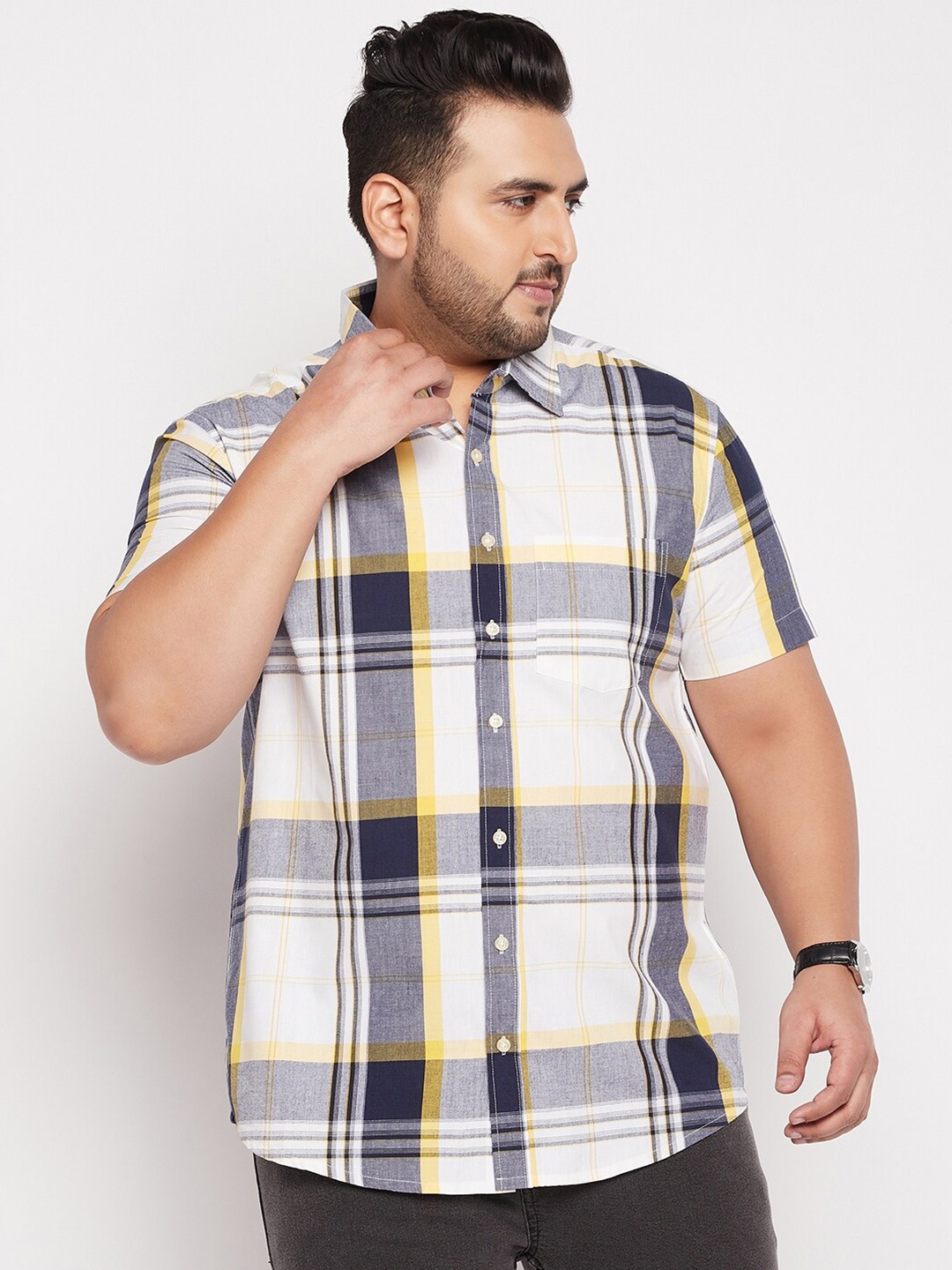 

bigbanana Men Plus Size White Tartan Checked Casual Cotton Shirt