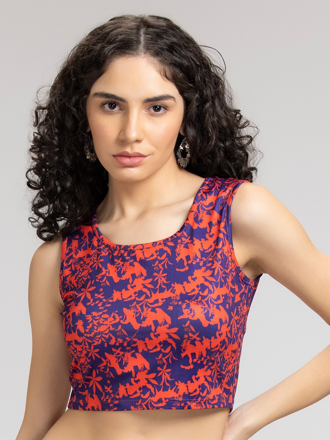 

SHAYE Red & Blue Floral Print Crop Top