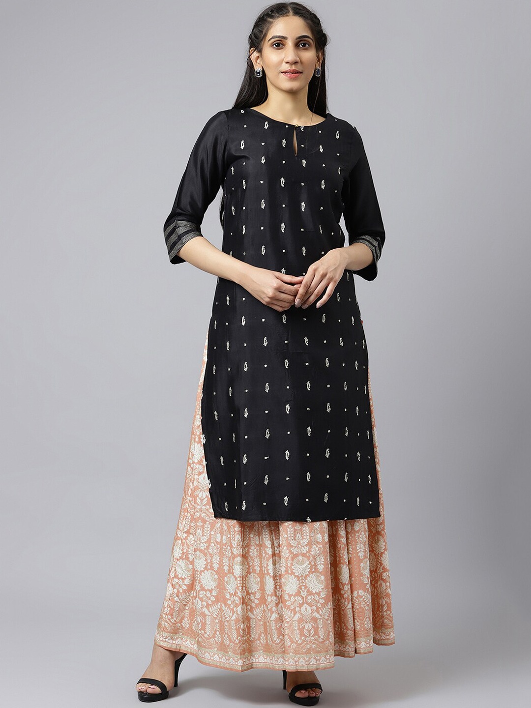 

W Round Neck Ethnic Motifs Printed Kurta, Black