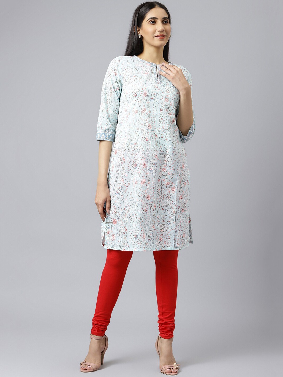 

W Women Blue Ethnic Motifs Printed Keyhole Neck Cotton Kurta