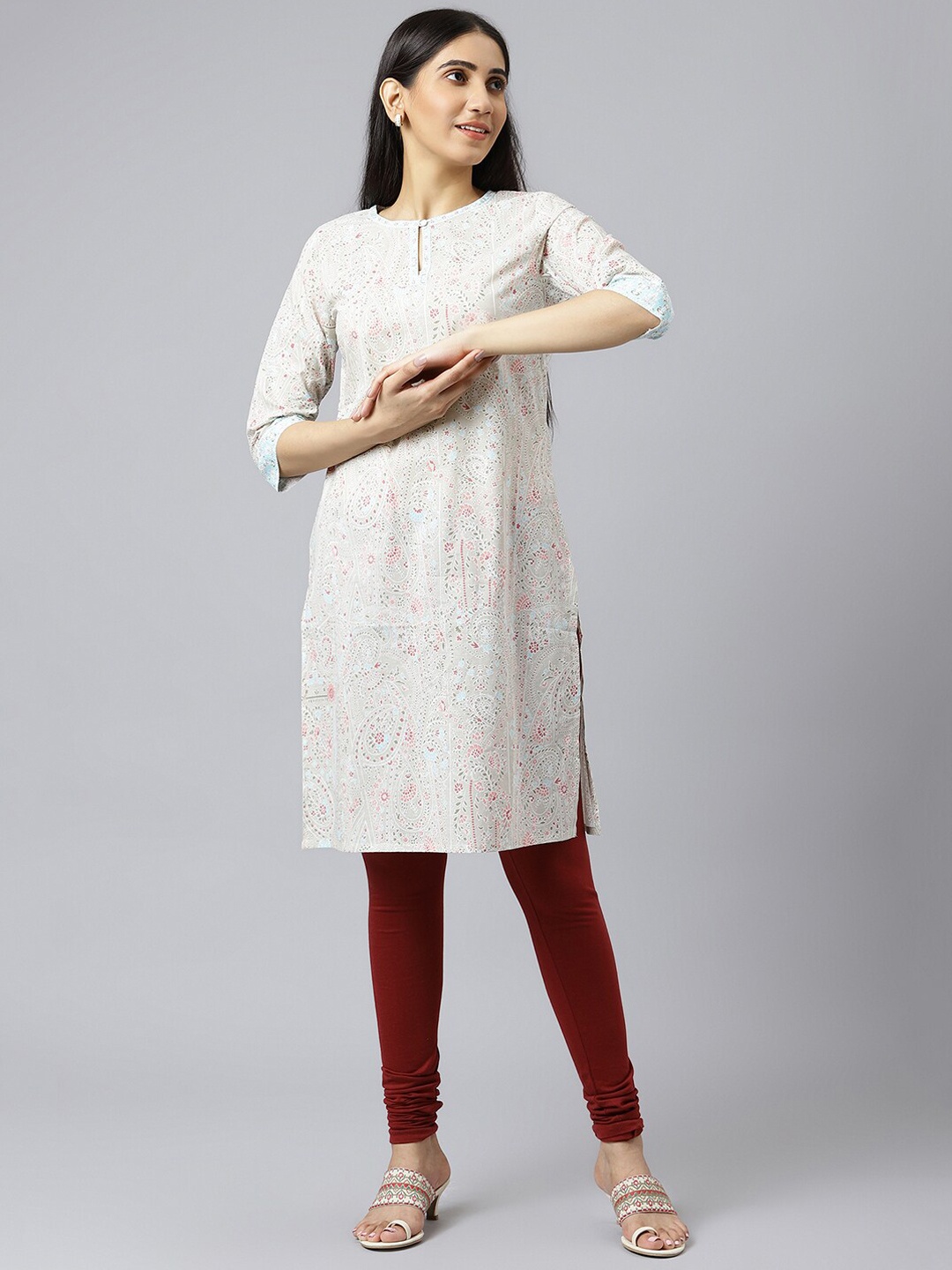 

W Women Off White Ethnic Motifs Printed Keyhole Neck Cotton Kurta