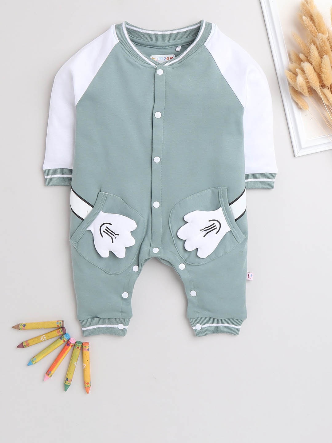 

BUMZEE Boys Green & White Colourblocked Cotton Rompers