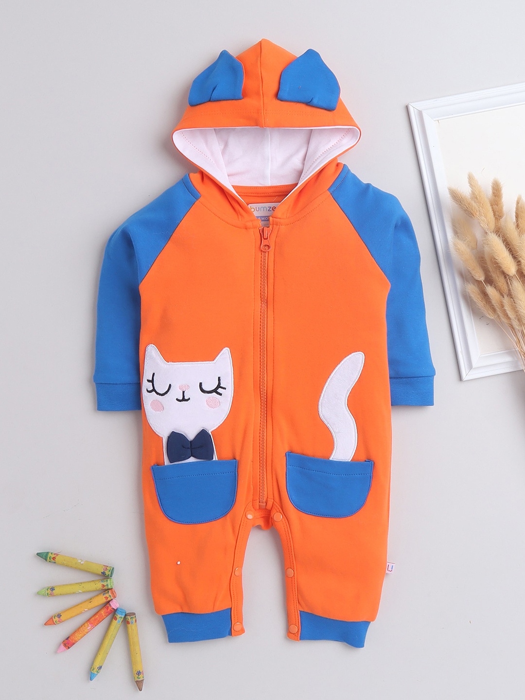 

BUMZEE Boys Orange & Blue Colourblocked Cotton Rompers