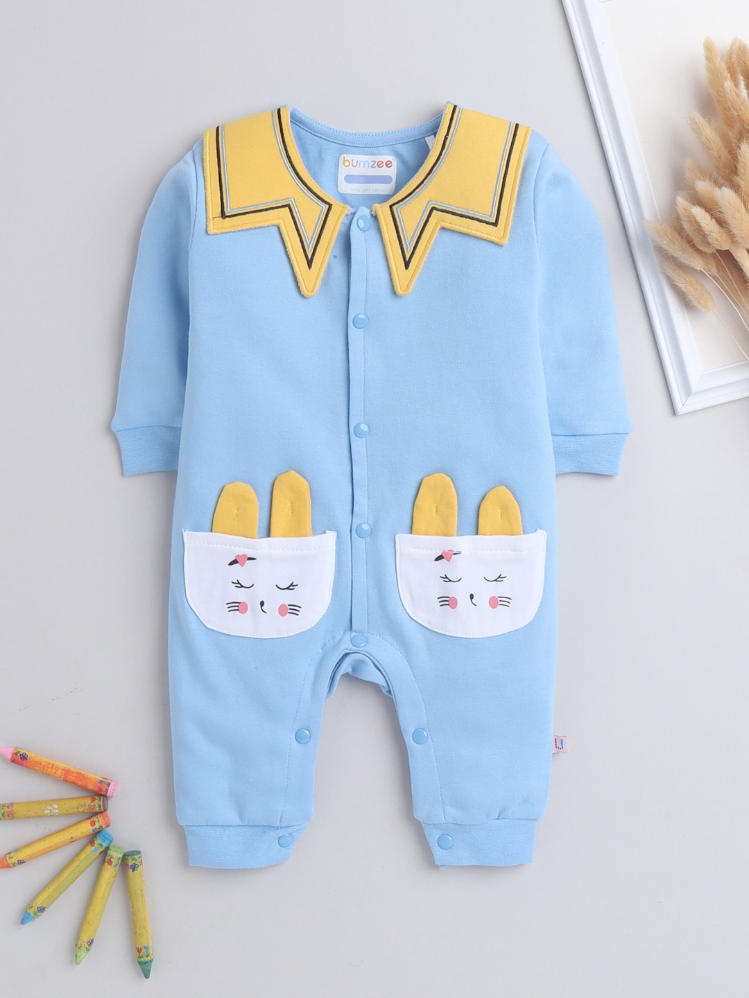 

BUMZEE Boys Blue & Yellow Colourblocked Cotton Rompers