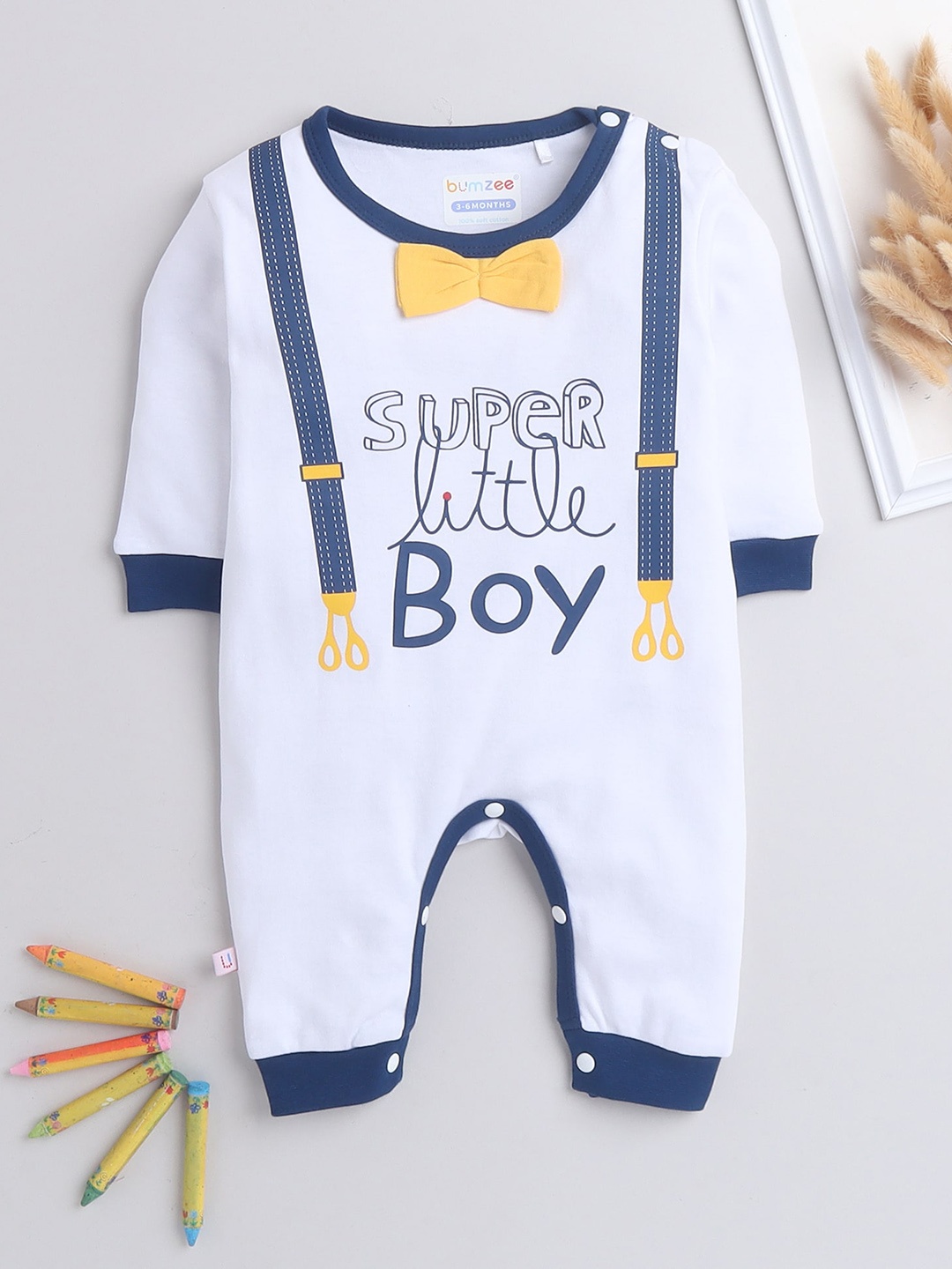 

BUMZEE Boys White & Blue Printed Cotton Round Neck Rompers