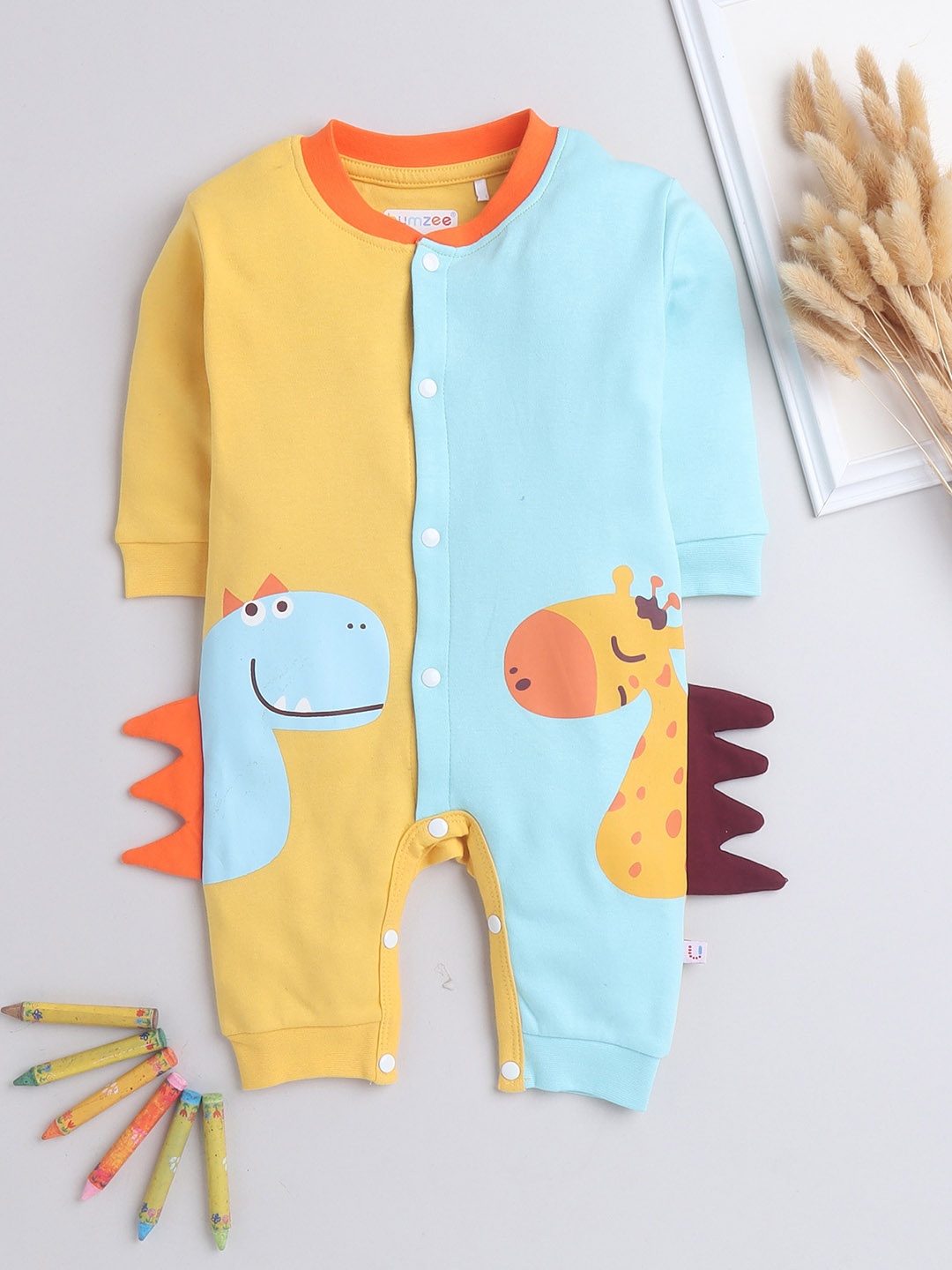 

BUMZEE Boys Yellow & Turquoise Blue Colourblocked Cotton Rompers