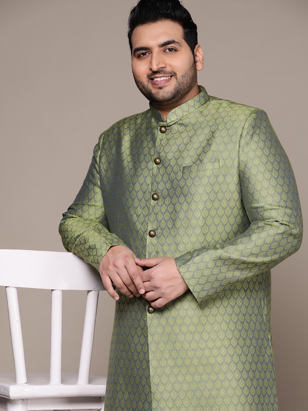 

KISAH PLUS Men Ethnic Motifs Sherwani Set, Green