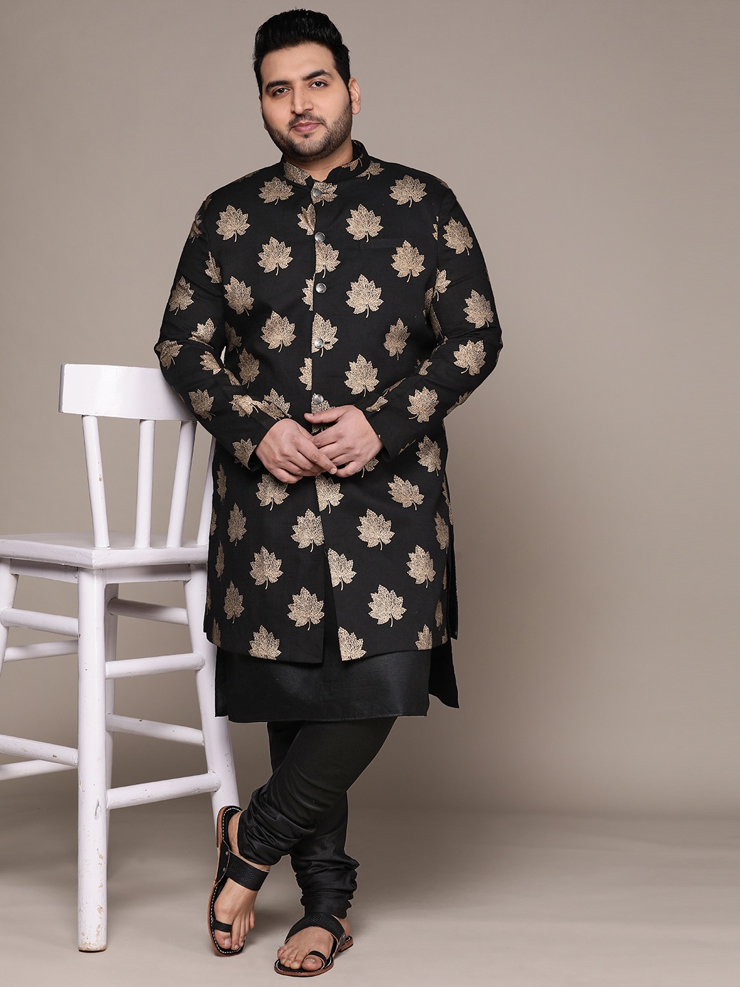 

KISAH PLUS Men Ethnic Motifs Printed Sherwani Set, Black