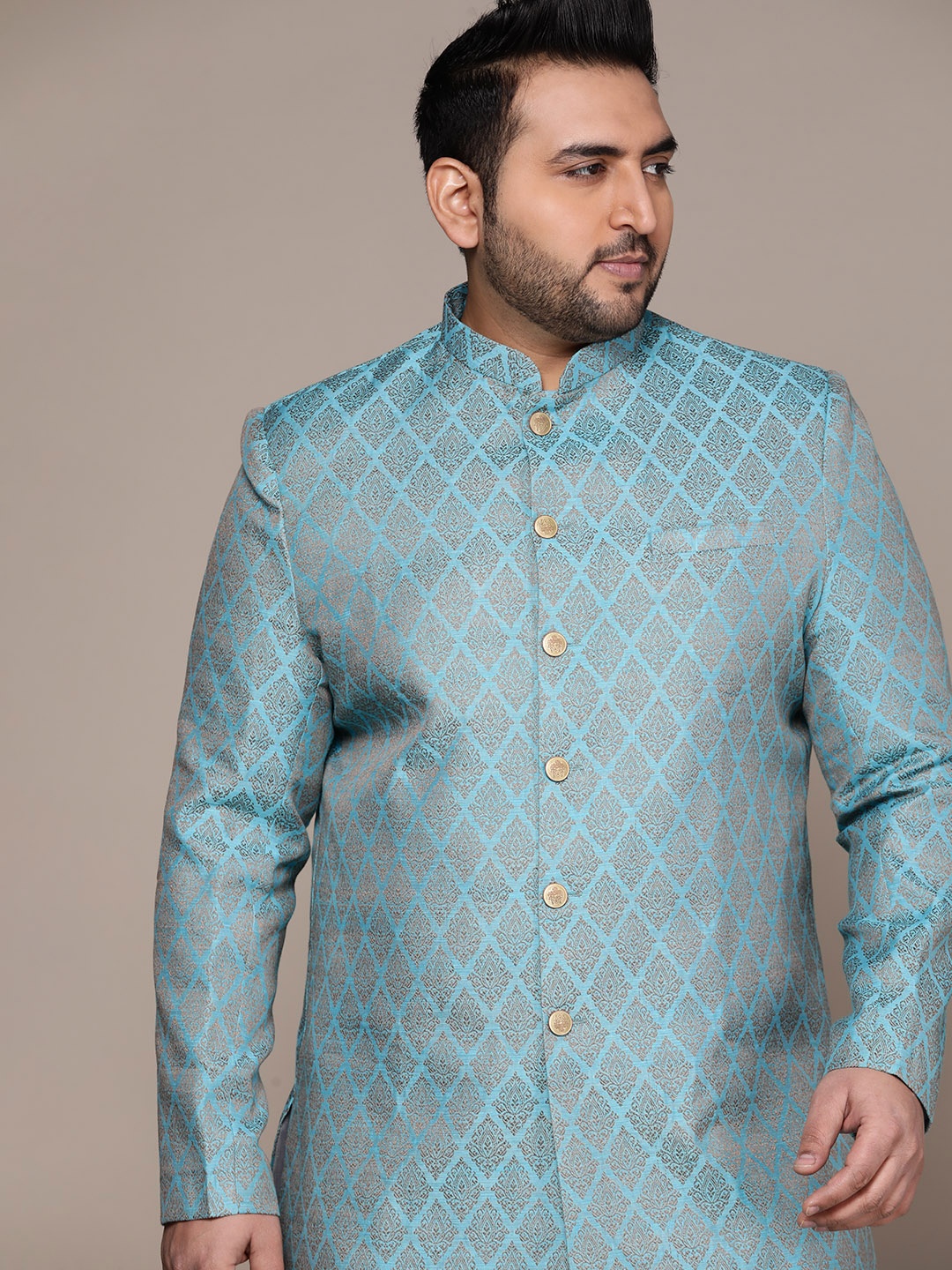 

KISAH PLUS Men Ethnic Motifs Printed Sherwani Set, Turquoise blue