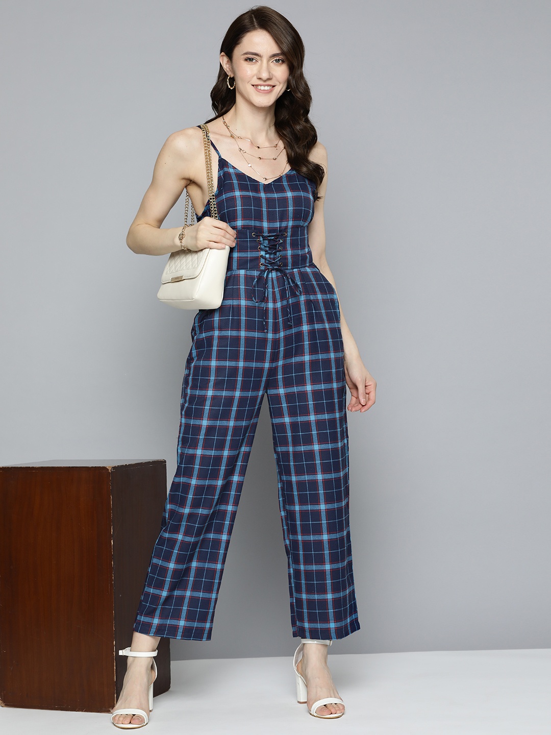 

HERE&NOW Blue & Red Checked Basic Jumpsuit