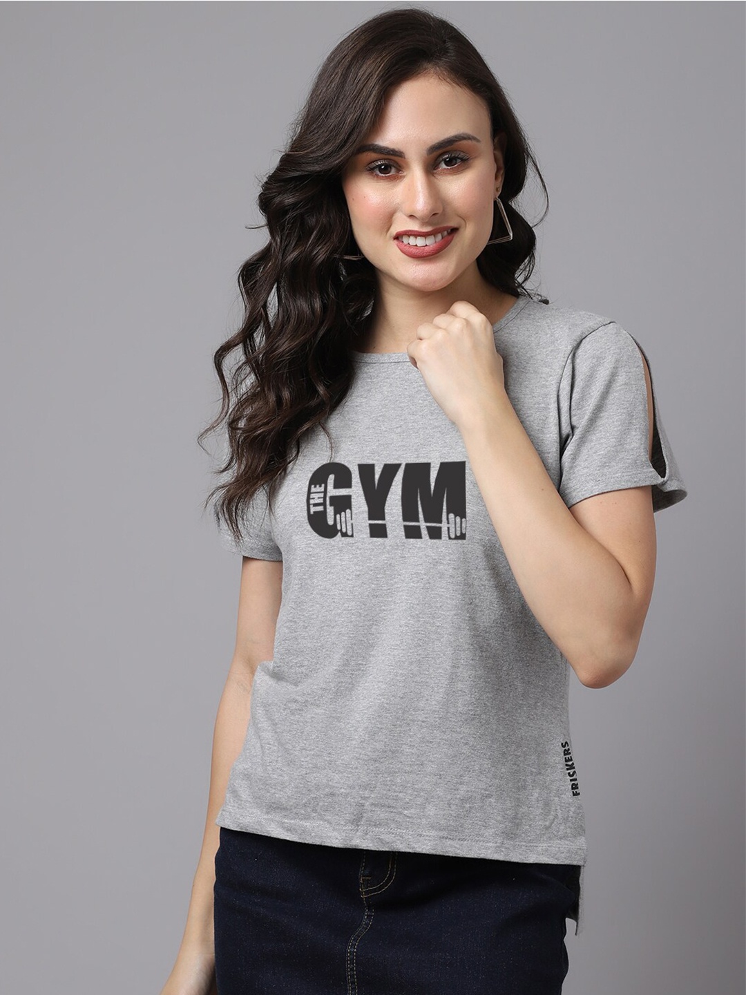 

Friskers Women Grey Cotton Printed Slim Fit T-shirt