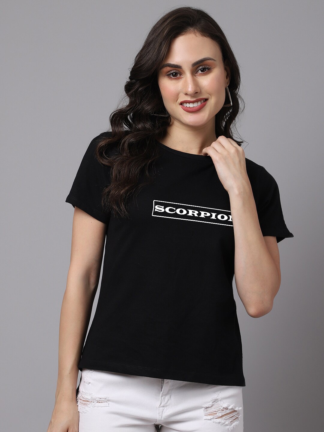 Friskers Women Black Cotton Printed T-shirt