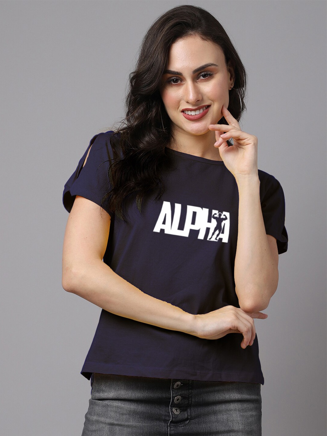 

Friskers Women Navy Blue Printed Pure Cotton T-shirt