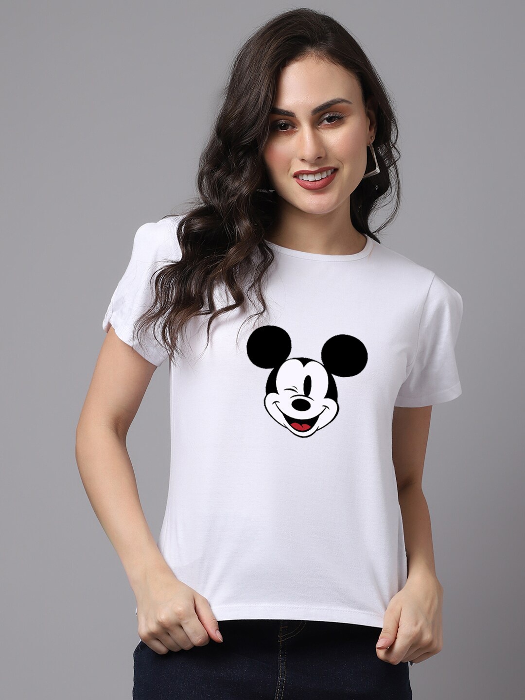 

Friskers Women White Mickey Mouse Printed Cotton T-shirt