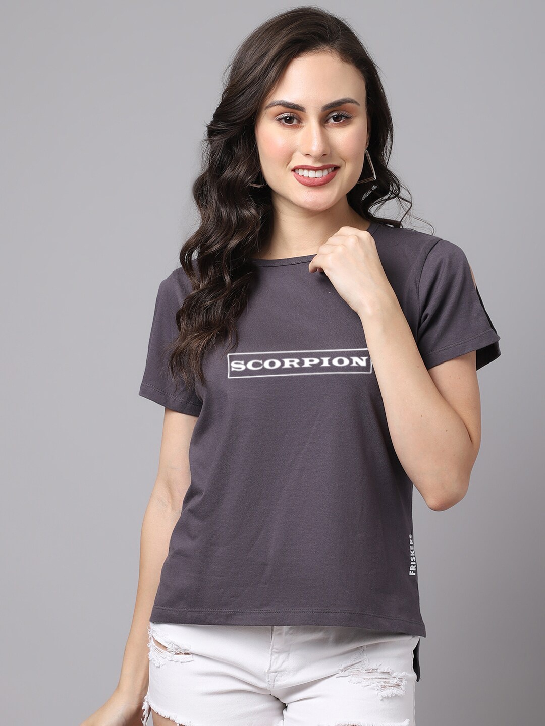 

Friskers Women Grey Typography Printed Cotton T-shirt