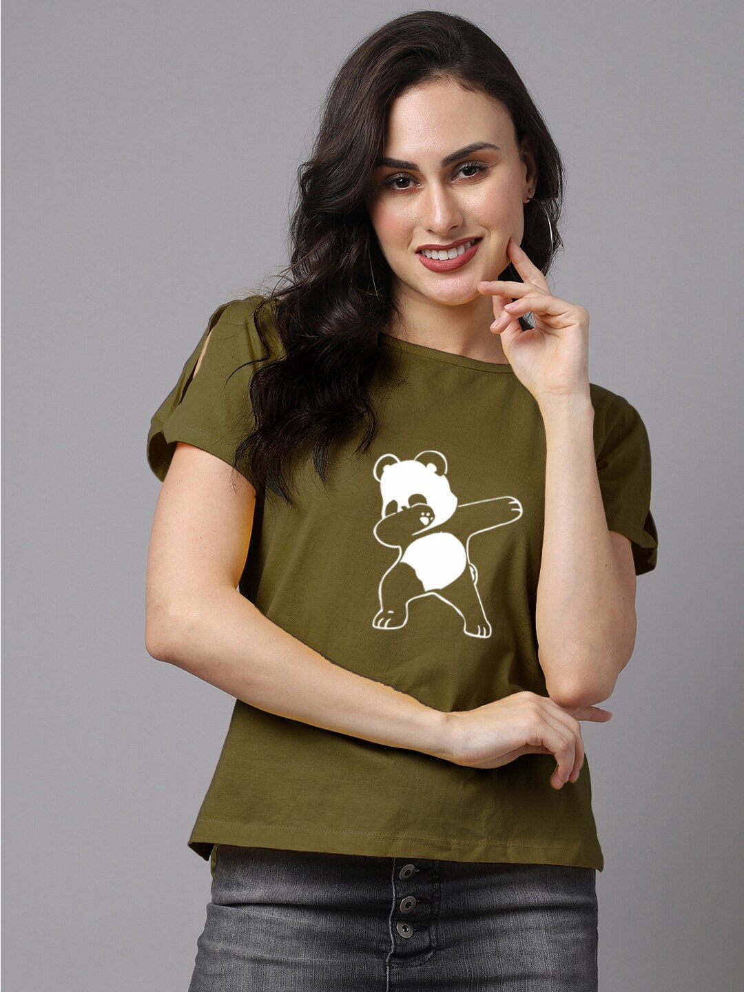

Friskers Olive Green & White Pure Cotton Printed T-shirt Style Top