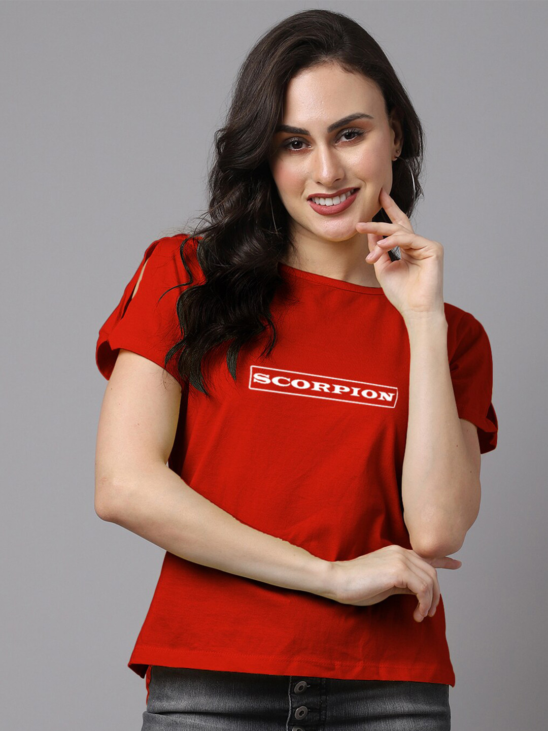 

Friskers Women Red & White Cotton Printed Slim Fit T-shirt