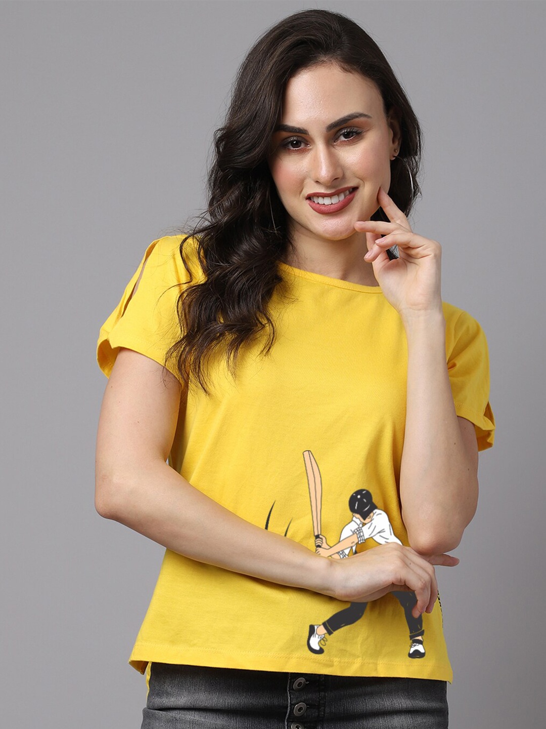 

Friskers Yellow Placement Print Slit Sleeves Pure Cotton Top