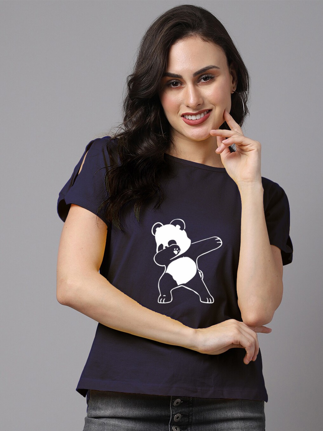 

Friskers Navy Blue Slit Sleeves Pure Cotton Top