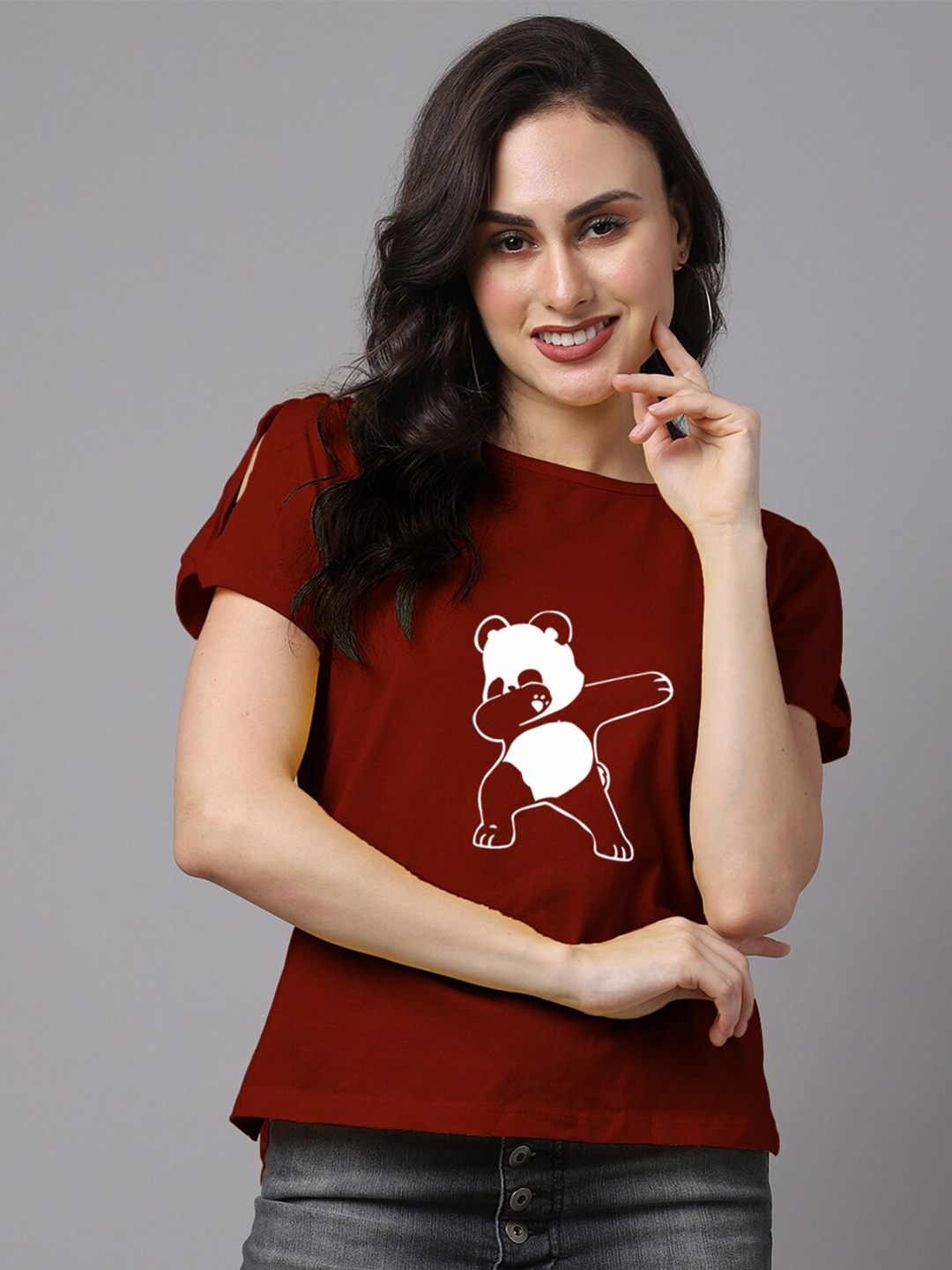 

Friskers Maroon Panda Printed Pure Cotton Tshirt